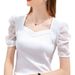 Women's Ice Silk Short Sleeve T-Shirt – French Courtly Style With Puff Sleeves, Breathable & Stretchy Summer Top For Casual & Elegant Looks_ecoleips.com