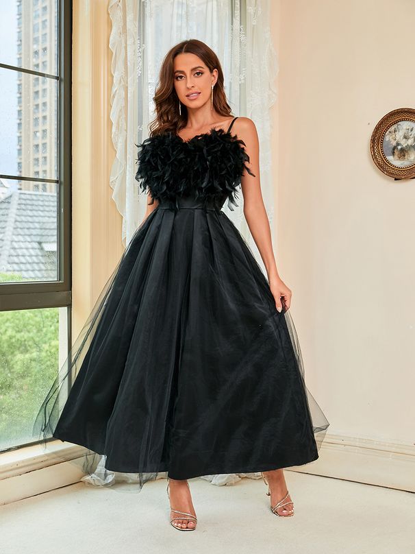 Women's Clothing Feather Sling Mesh Evening Dress_ecoleips.com