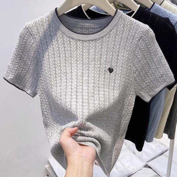 Women's Summer Knitted T-Shirt Short Sleeve Round Neck Embroidered Shoulder Block Base Layer Top_ecoleips.com