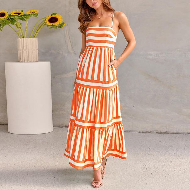 Women's Clothing Striped Positioning Printing Suspenders Backless Pocket Dress Female_ecoleips.com