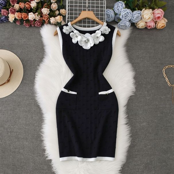 Women's High Waist Floral Sleeveless Knit Dress - Slim Fit Mini Dress For Petite Ladies, Sweet & Elegant, Black/White_ecoleips.com