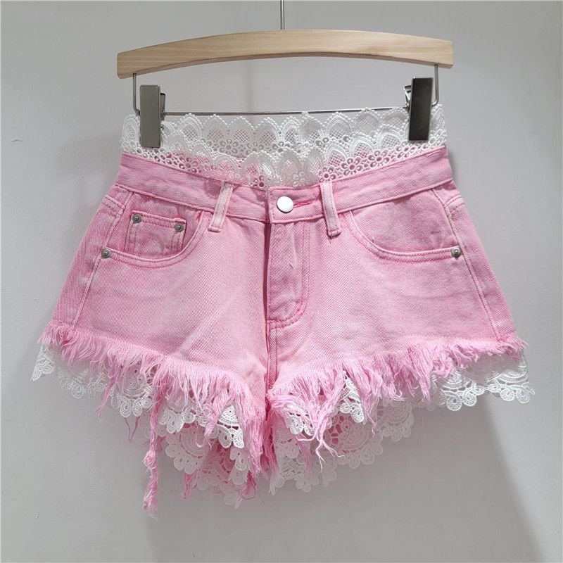 Women's Clothing Design Sense Lace Lace Slim Hot Girl Denim Shorts Female Fashionable Personality Age Reducing High Waist Wide Leg Hot Pants_ecoleips.com