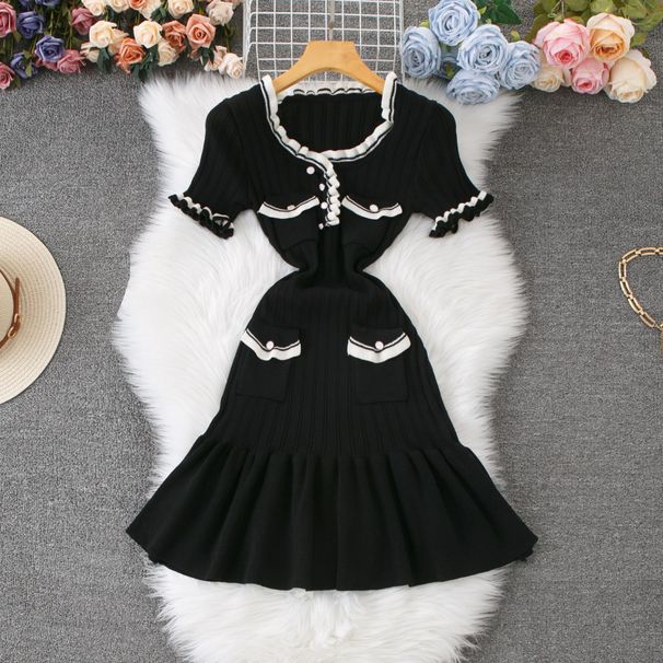 Women's Clothing Ruffle Short Sleeved Knitted Dress For Women Summer New Fashion Button Pocket Slim Fit Skirt_ecoleips.com