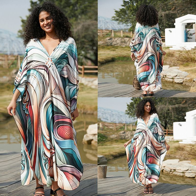 Women's Clothing Printed Holiday Loose Large Size Long Skirt Beach Dress Robe Bikini Blouse_ecoleips.com