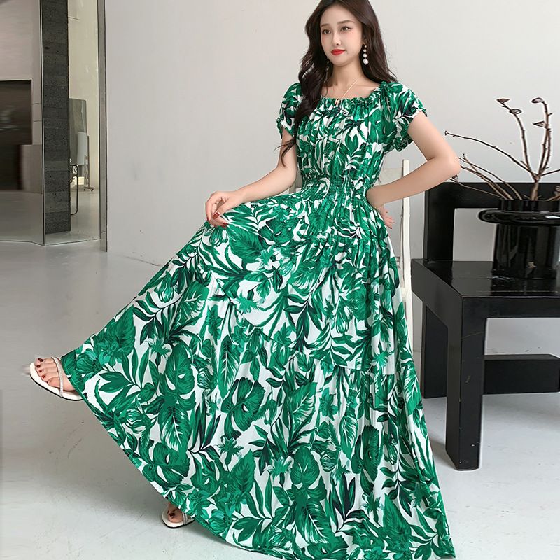 Women's Cotton Floral Off-Shoulder Long Dress Elastic Waist Summer Ethnic Style Bohemian Beach Dress_ecoleips.com