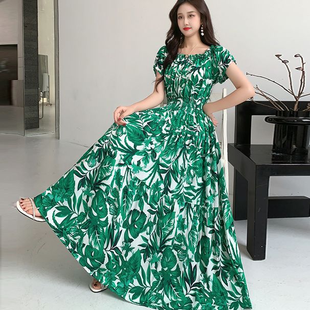 Women's Cotton Floral Off-Shoulder Long Dress Elastic Waist Summer Ethnic Style Bohemian Beach Dress_ecoleips.com