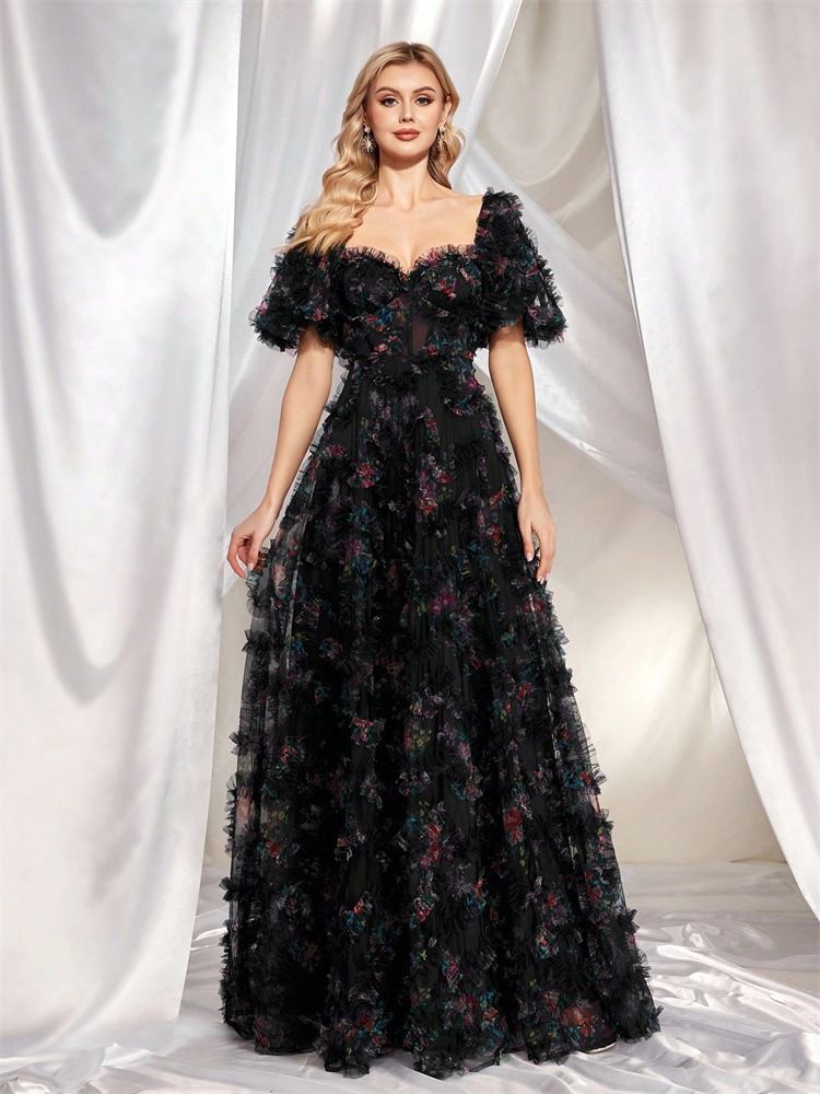 Women's Clothing Evening Dress High End Floral U Neck Evening Dress Short Sleeved Slim Party Banquet Dress For Women_ecoleips.com