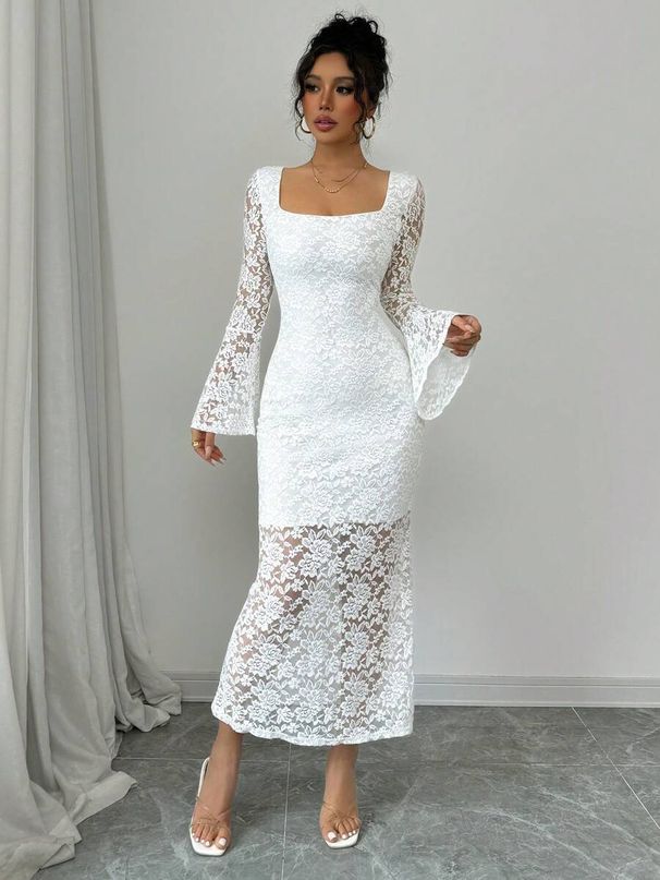Women's Clothing New Lace Trumpet Sleeve Slim Slit Dress_ecoleips.com