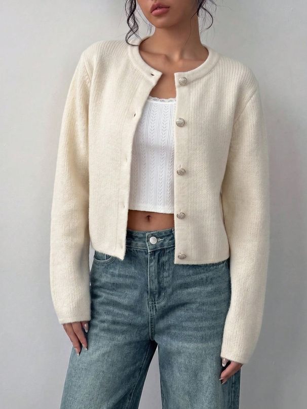 Style Knitted Cardigan For Women Metal Buckle Short Round Neck Soft Cozy Sweater Jacket Autumn Winter New_ecoleips.com