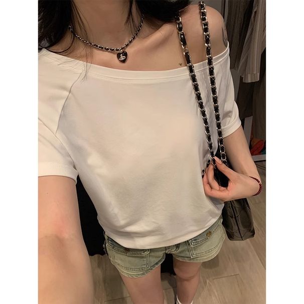 Slant Shoulder Short-sleeved Women's Off-shoulder Short T-shirt Xia Chunyi Spice Girl Loose Black One-word Shoulder Top_ecoleips.com