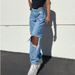 's New Blue Cotton Jeans For Women With Butterfly Print, Washed And Distressed, High-waisted Wide-leg Pants_ecoleips.com