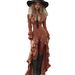Women's Long Sleeve Bohemian Style Ruched Ruffle Hem Irregular V-neck Maxi Dress_ecoleips.com
