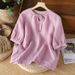 Summer Collar With Tie; Solid-Color Lantern-Sleeved Cotton-Linen Short-Sleeved Top For Women Loose-Fitting, Casual, Ar_ecoleips.com