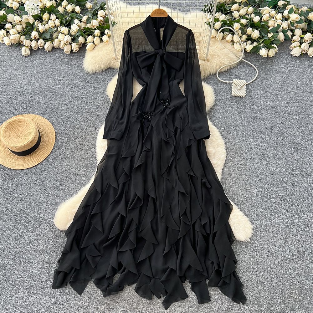 Elegant French Style Long Sleeve Dress Bow Tie Fitted Waist Ruffled Hem Autumn Slimming Silhouette Women's Fashion Dress_ecoleips.com