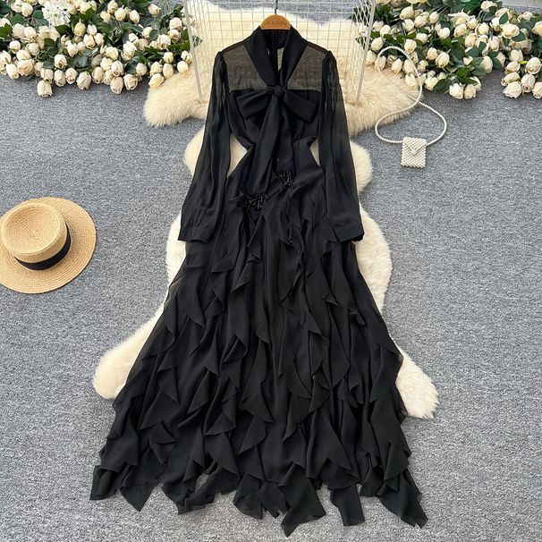 Elegant French Style Long Sleeve Dress Bow Tie Fitted Waist Ruffled Hem Autumn Slimming Silhouette Women's Fashion Dress_ecoleips.com