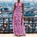 Elegant Floral Print Chiffon Tiered Halter Dress For Women, V-Neck Cake Layered Evening Gown Breathable Chiffon Fabric_ecoleips.com