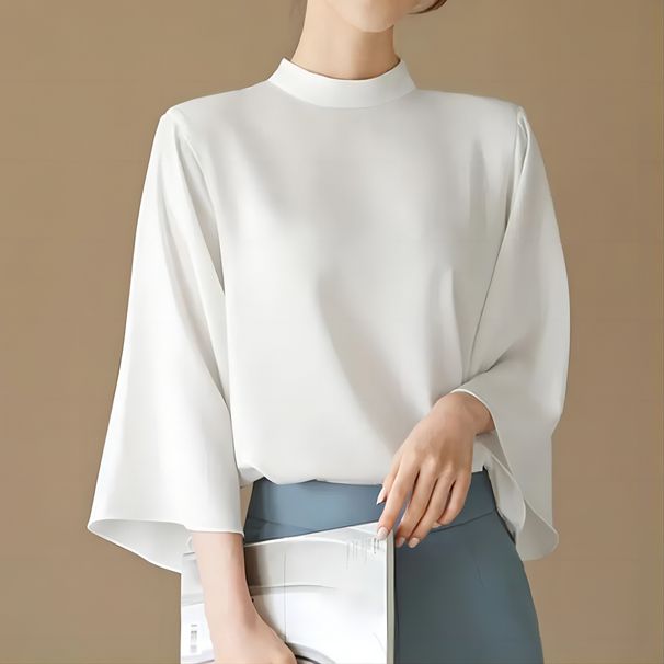 Elegant Women's 2025 Autumn Fashion Top Casual Stand Collar 3/4 Bell Sleeve Office Blouse Oversized_ecoleips.com