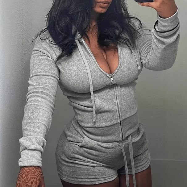 Women's Fashion Casual Solid Color Zipper Top Gray Shorts Set_ecoleips.com