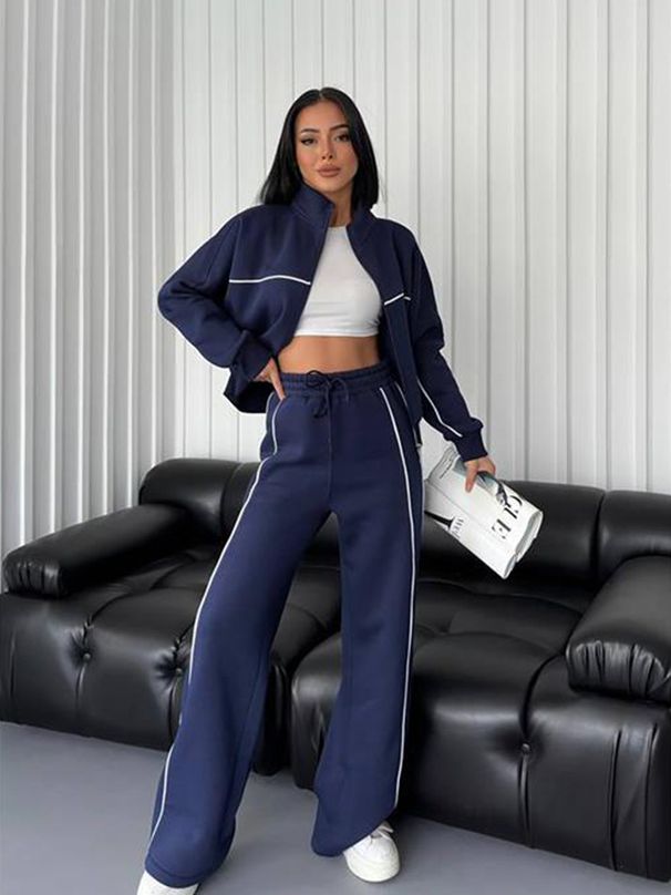 Women's Clothing leisure suit long sleeved half high collar cardigan sweater lace up striped trousers_ecoleips.com