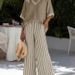 Women's V Neck Striped Wide Leg Pants Suit Two Piece Set European American Style Independent Website High End Faux Linen Summer Cross Border_ecoleips.com