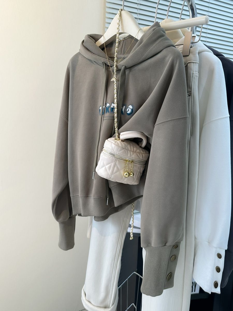 American-style Real-shot Short Embroidered Hooded Sweatshirt Jacket For Women, Spring And Autumn Wear, Loose-fitting_ecoleips.com