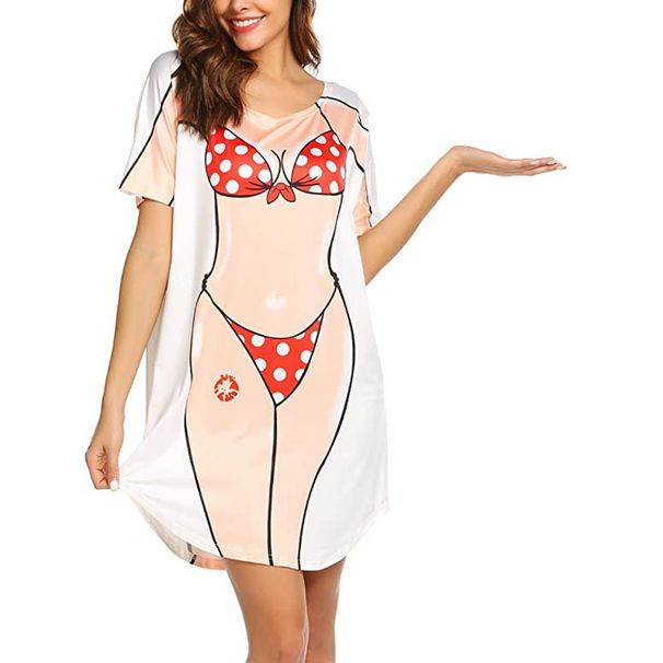 Cross-border European And American Women's Clothing Bikini Cover-up Dress Short-sleeved Fun Print Loose T-shirt_ecoleips.com