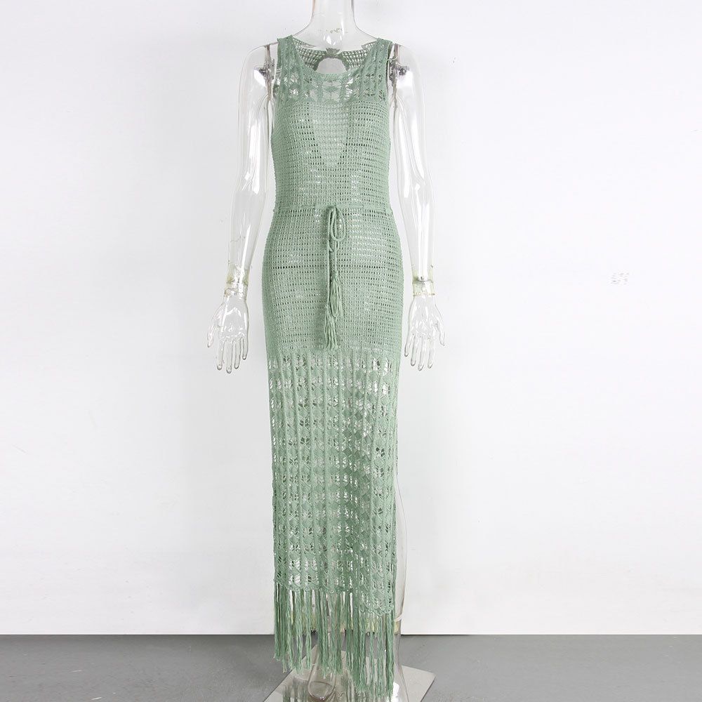 Women's Clothing New Summer Style Bikini Cover Up Hollow Lace Up Fringed Swimsuit Jacket Beach Long Skirt For Women_ecoleips.com