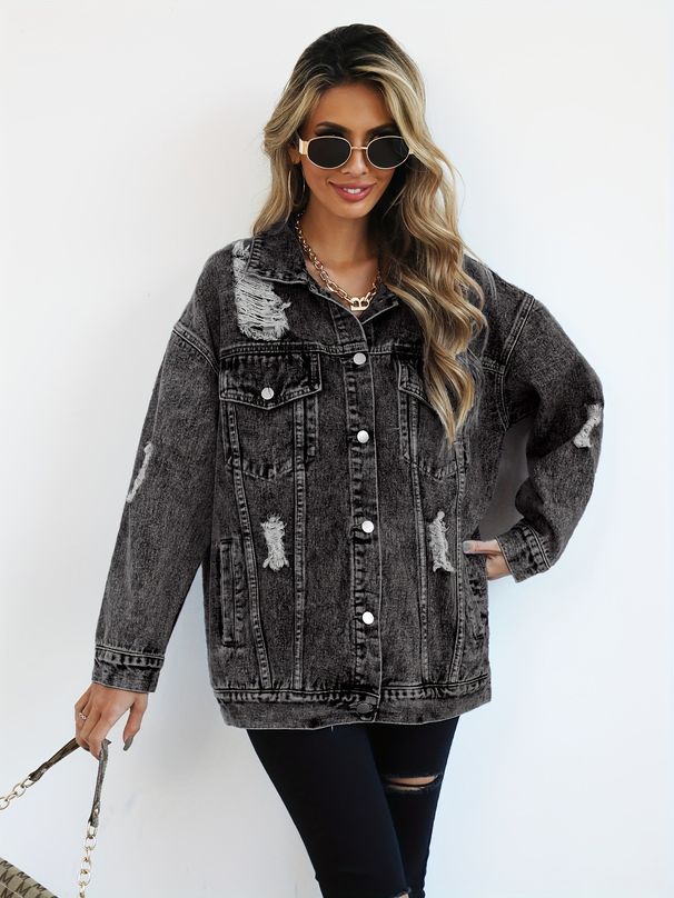 Women's Distressed Denim Jacket Style Top_ecoleips.com