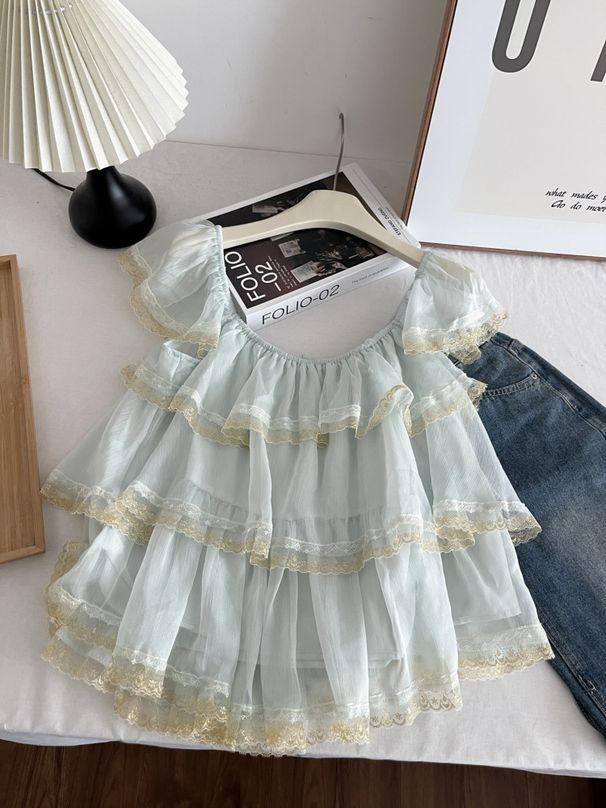 Sweet Ruffled Lace Chiffon Blouse For Women, Summer Short Sleeve Blue Cake Tulle Chiffon Top 7419_ecoleips.com