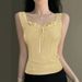 Sweet V Neck Tie up Jacquard Vest Women's Fresh Innocent Summer Style Slim Fit Sleeveless Short Top_ecoleips.com