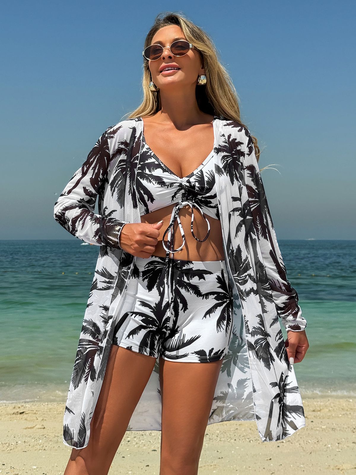 Women's Sexy Coconut Print Bikini Set - Strappy Triangle Bralette & High-Waist Swim Shorts With Sheer Cover-Up (3-Piece)"_ecoleips.com