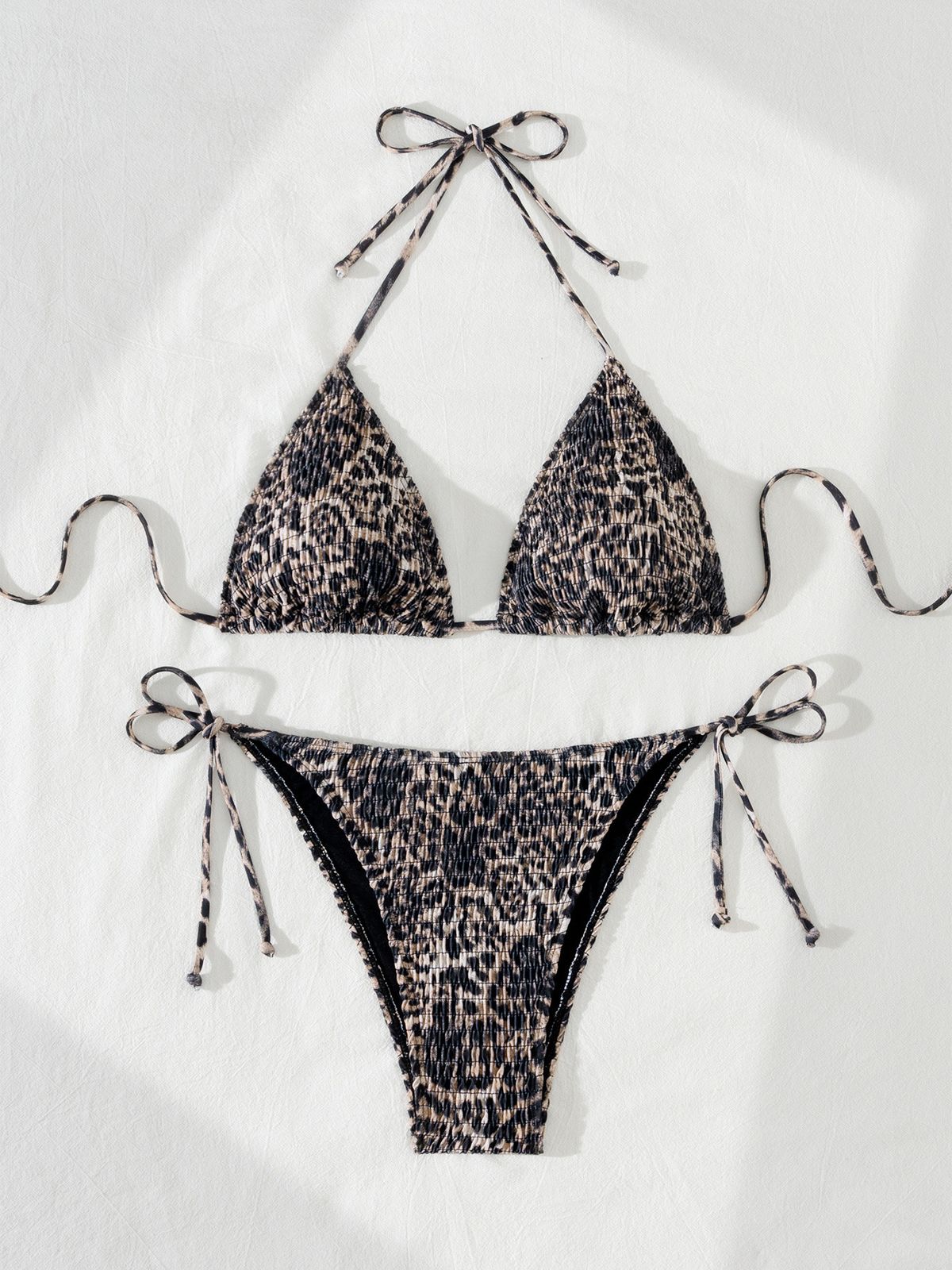 New European And American Style Sexy Basic Ruched Leopard Print Bikini Women's Swimsuit Set_ecoleips.com