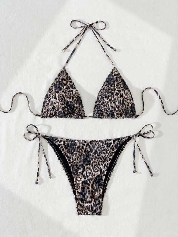 New European And American Style Sexy Basic Ruched Leopard Print Bikini Women's Swimsuit Set_ecoleips.com