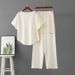 Women's Elegant Two Piece Set Solid Color Knitted Short Sleeve Top And Lace Casual Pants Spring Summer Outfit_ecoleips.com