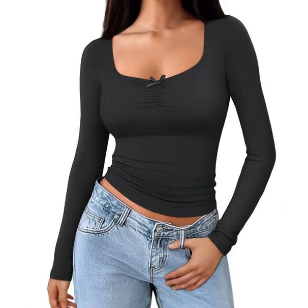 Voya Women's Simple And Pure Style U-neck T-shirt For Spring And Summer, Tight Fitting And Revealing Figure, Base Top_ecoleips.com