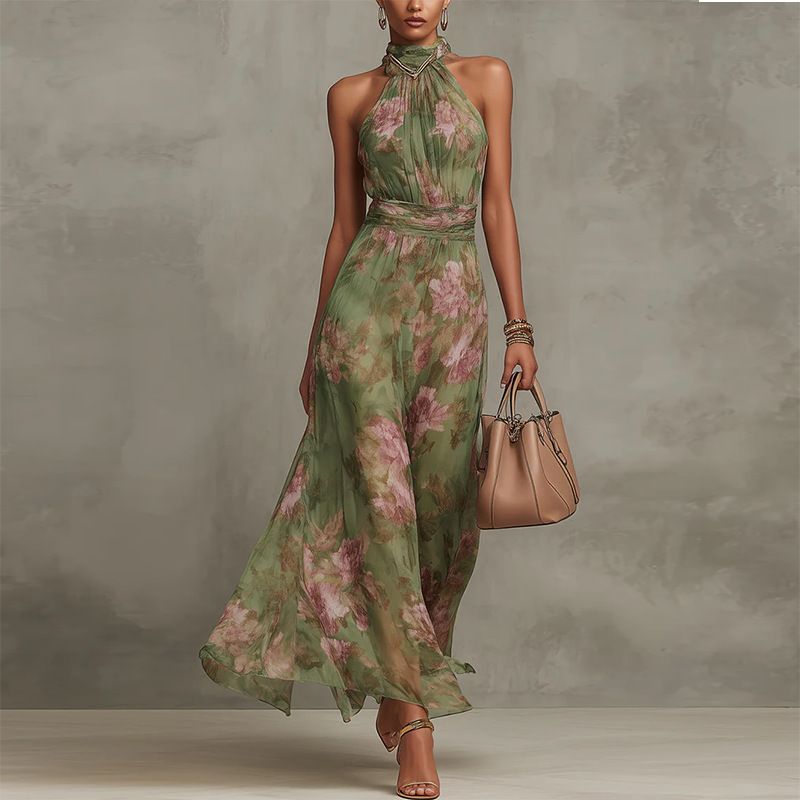 Elegant Neck Collar Sleeveless Plant Print Dress_ecoleips.com