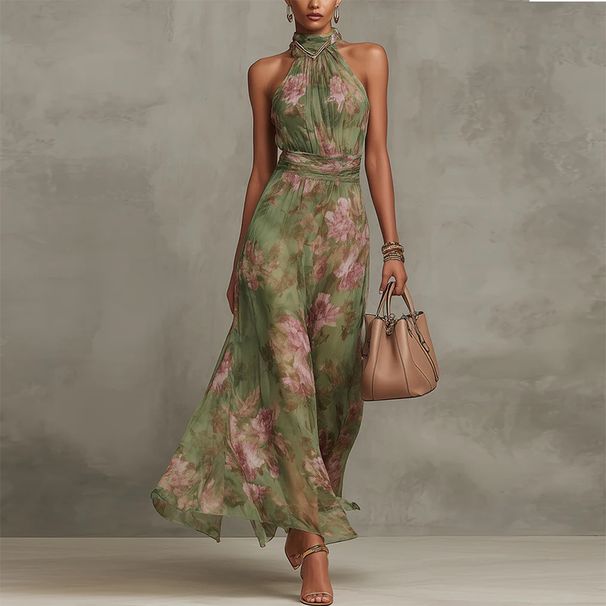 Elegant Neck Collar Sleeveless Plant Print Dress_ecoleips.com