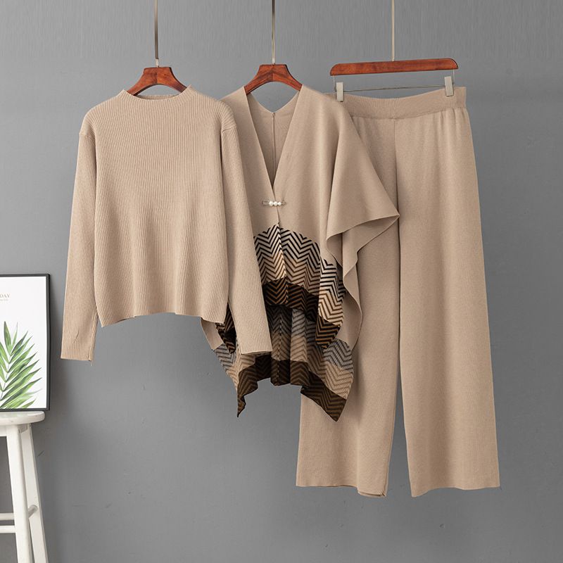 Women's Fashion Trend Autumn/Winter Set Jacquard Shawl Crew Neck Sweater Wide Leg Casual Pants Three Piece Ensemble_ecoleips.com