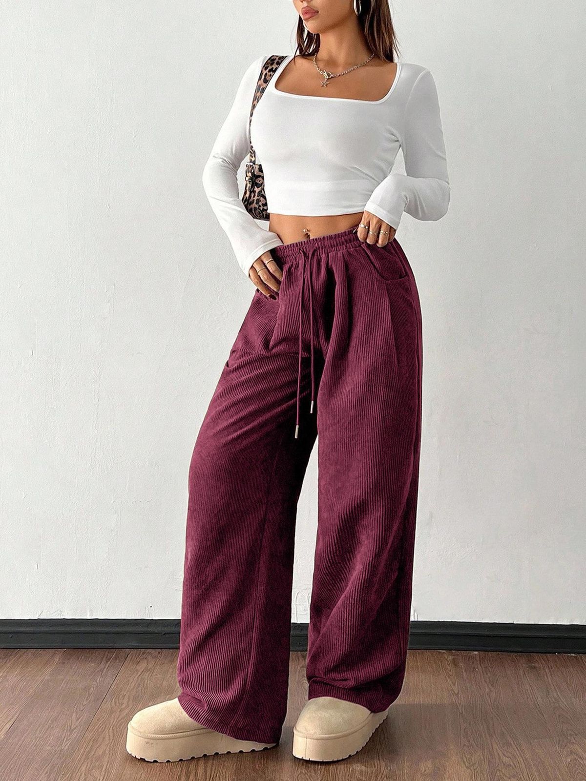 Women's Clothing Women's Corduroy Wide Leg Pants Loose Fit Slimming Flowy Casual Style Autumn For Formal & Casual For Women_ecoleips.com