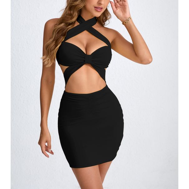 2026 New Women's Short European And American Summer Hollow Out Neck Tie Bodycon Sexy Dress_ecoleips.com