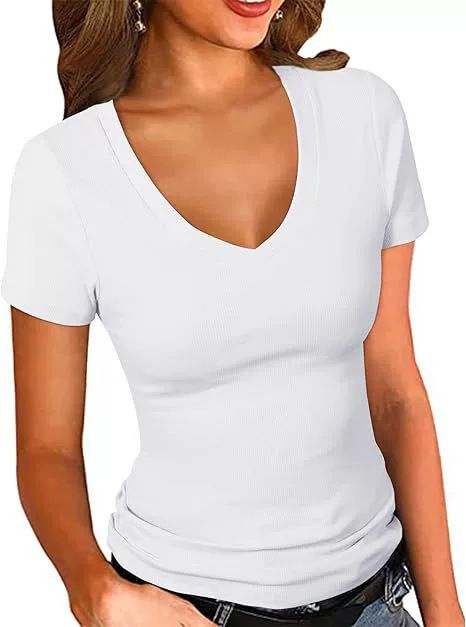 Summer New Arrival Women's Slim Fit T-Shirt Sexy V Neck Short Sleeve Solid Color European American Style Top for Casual Wear_ecoleips.com