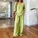 Women's V-Neck Long Sleeve Top And Pants Set Washed Cotton Comfortable Outfit Multiple Colors Available_ecoleips.com