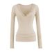 V-Neck Lace Trim Long Sleeve Tee – Slim Fit Stretch Knit Top For Women (Black/White/Purple/Milk Tea/Pink/Navy/Cocoa Brown)_ecoleips.com
