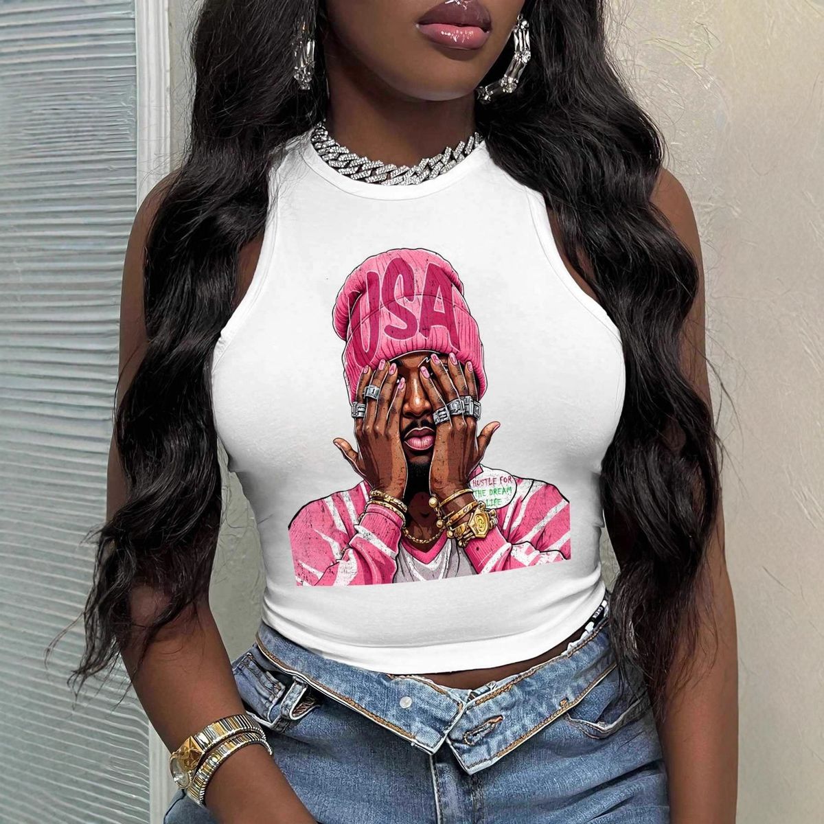 Y2k Pink Rap Graphic Tank Top - Women's Stretchy Polyester Sleeveless Crop Top With Hip-Hop Print, Adjustable Straps_ecoleips.com