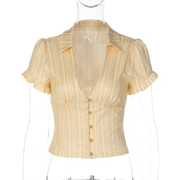 French Vintage Style Women's T-Shirt - Sexy Button-Up Short Sleeve Blouse With Ruffled Sleeves, Retro Striped Print, Polyester Blend_ecoleips.com