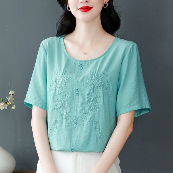 A Stylish, Embroidered Short-Sleeved Cotton-Linen T-Shirt For Women Perfect As Summer Attire; A Loose-Fitting, Casual_ecoleips.com
