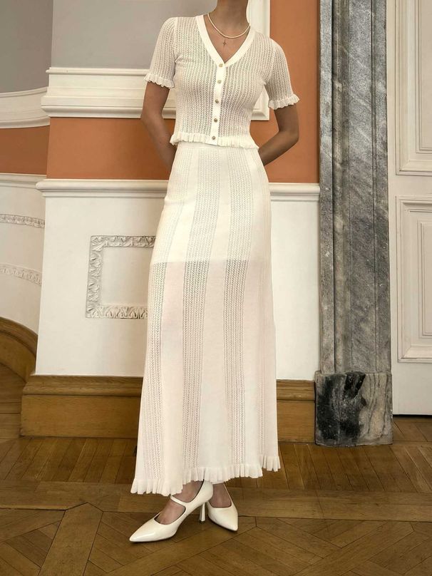 Summer New Knitted Dress Two-Piece Set Sexy Hollow Out Top High Waist Skirt Beach Vacation Outfit For Women_ecoleips.com
