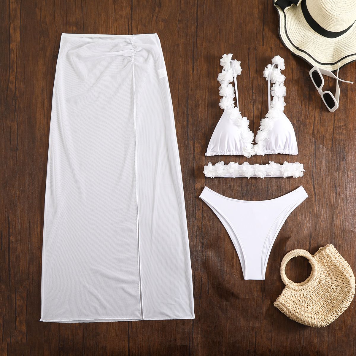 2025 New European And American Solid Color Lace Sexy Three Piece Mesh Long Skirt Bikini_ecoleips.com
