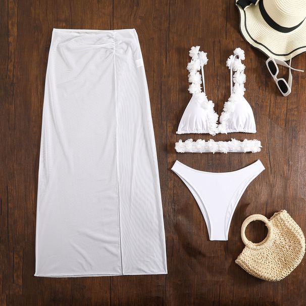 2025 New European And American Solid Color Lace Sexy Three Piece Mesh Long Skirt Bikini_ecoleips.com