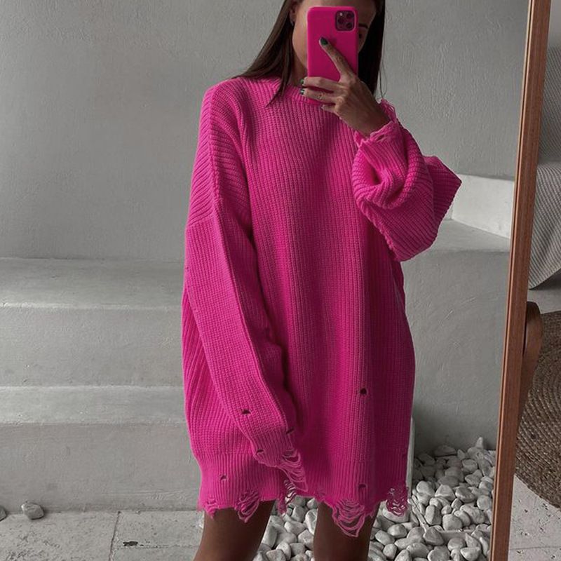Women's Loose Fit Solid Color Round Neck Pullover Sweater Mid-Length Knitted Top For Autumn Winter_ecoleips.com